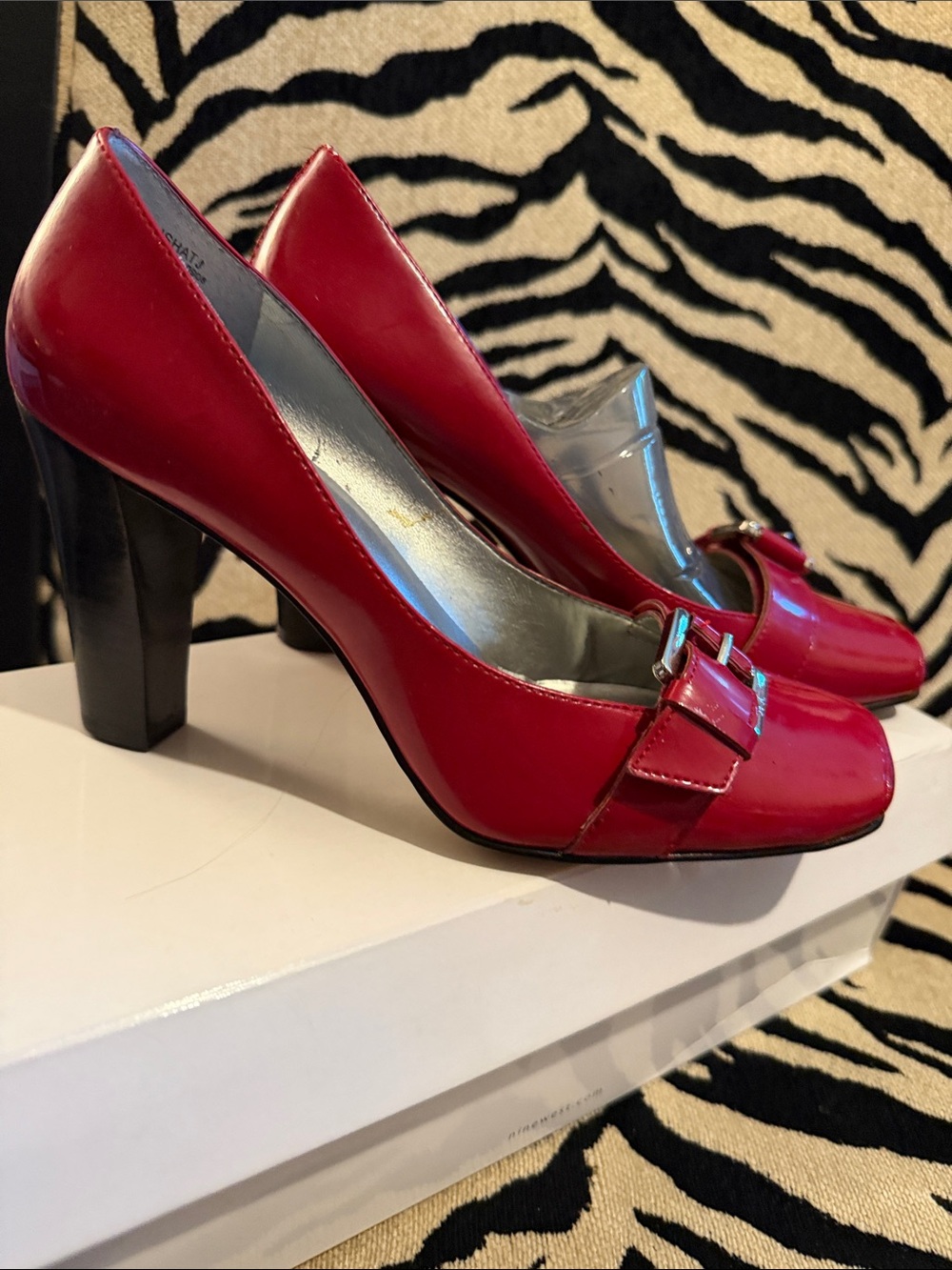 Anne Klein Red Patent Block Heel Pumps with Buckle Detail